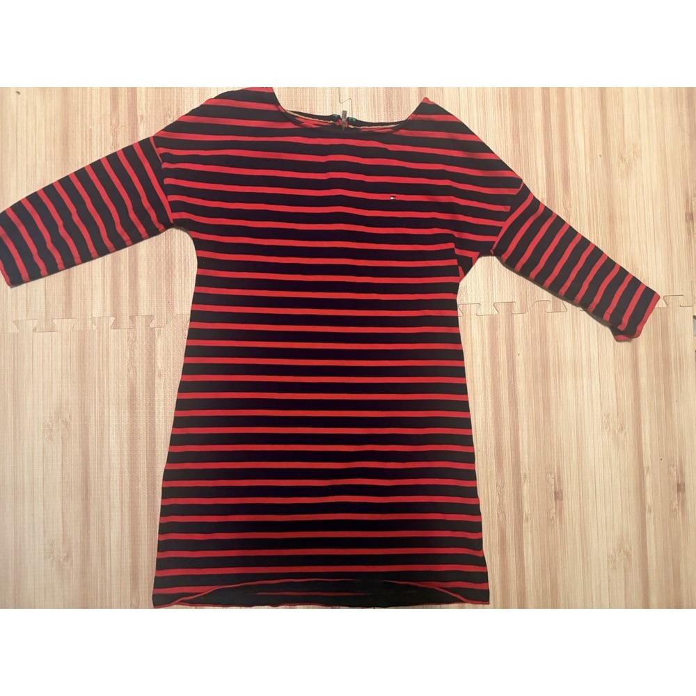 Tommy Hilfiger Red Blue Striped Knit Dress Back Zip Knee Length Preppy Mod Sz M